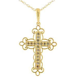 10K Yellow Over Silver 1/4 Ct Champagne Diamond Filigree Cross Pendant Necklace